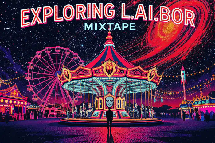 Exploring L.ai.bor Mixtape title art: a neon carousel and ferris wheel under a red spiral galaxy, one figure watching