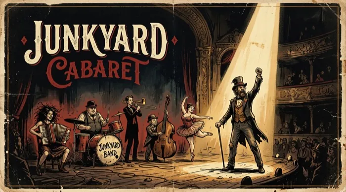 Junkyard Cabaret title art: a ragged band, a dancer and a top-hatted barker on a spotlit stage before a packed theater house