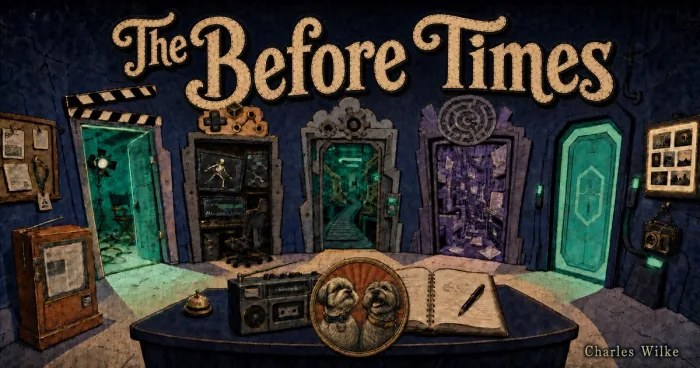 The Before Times, an illustrated archive lobby with five doorways