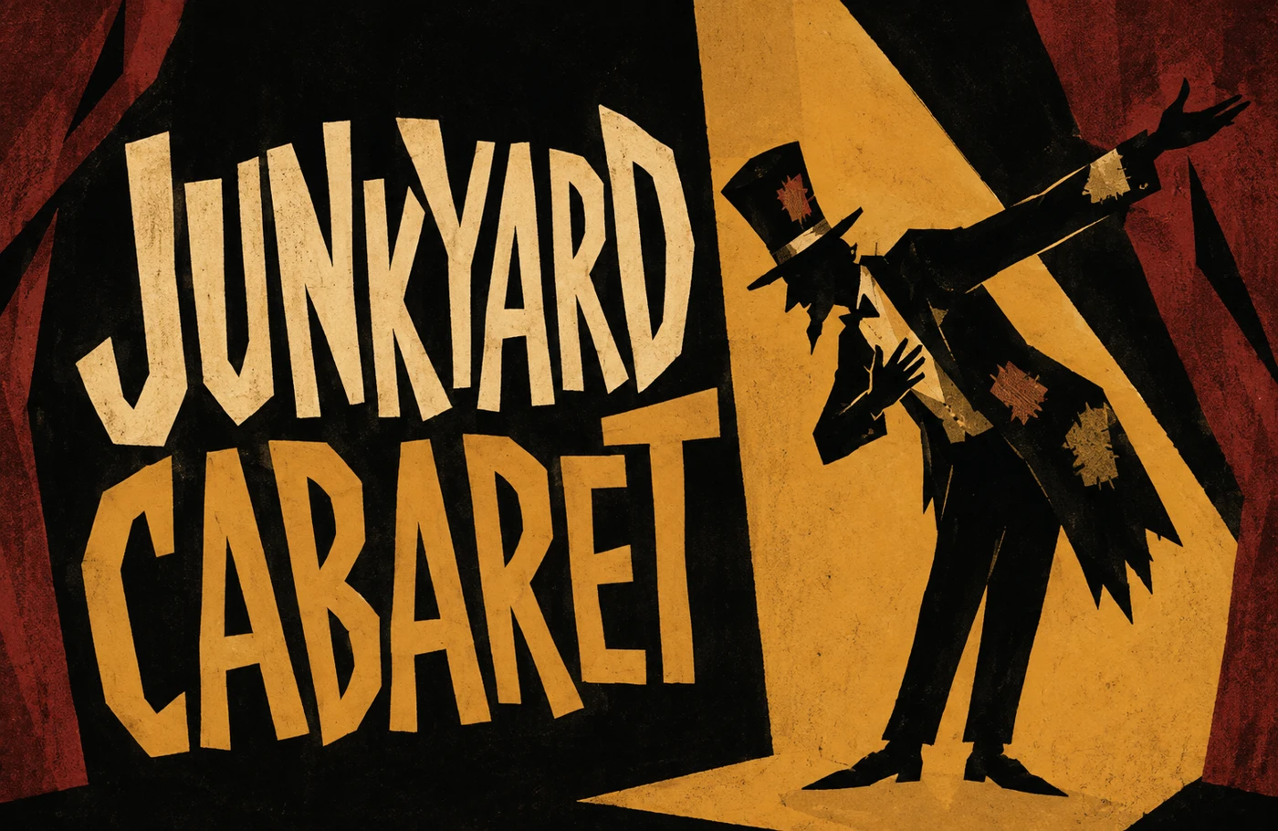 Junkyard Cabaret: a patched, top-hatted barker bows beneath a golden spotlight in cut-paper shapes
