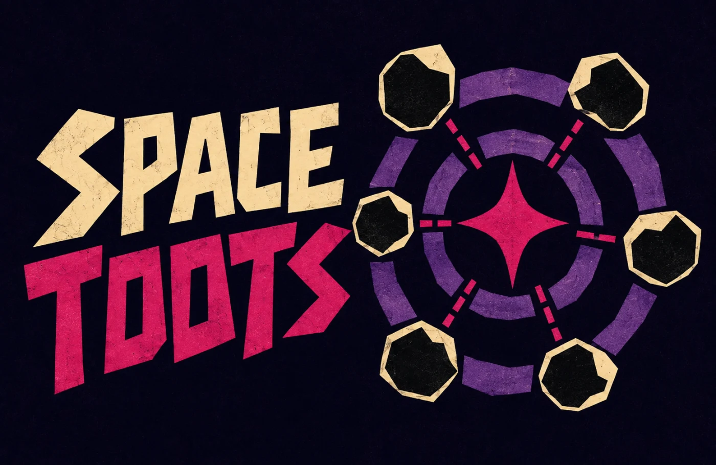 Space Toots: a magenta shepherd core holds six cut-paper asteroids in violet gravitational rings