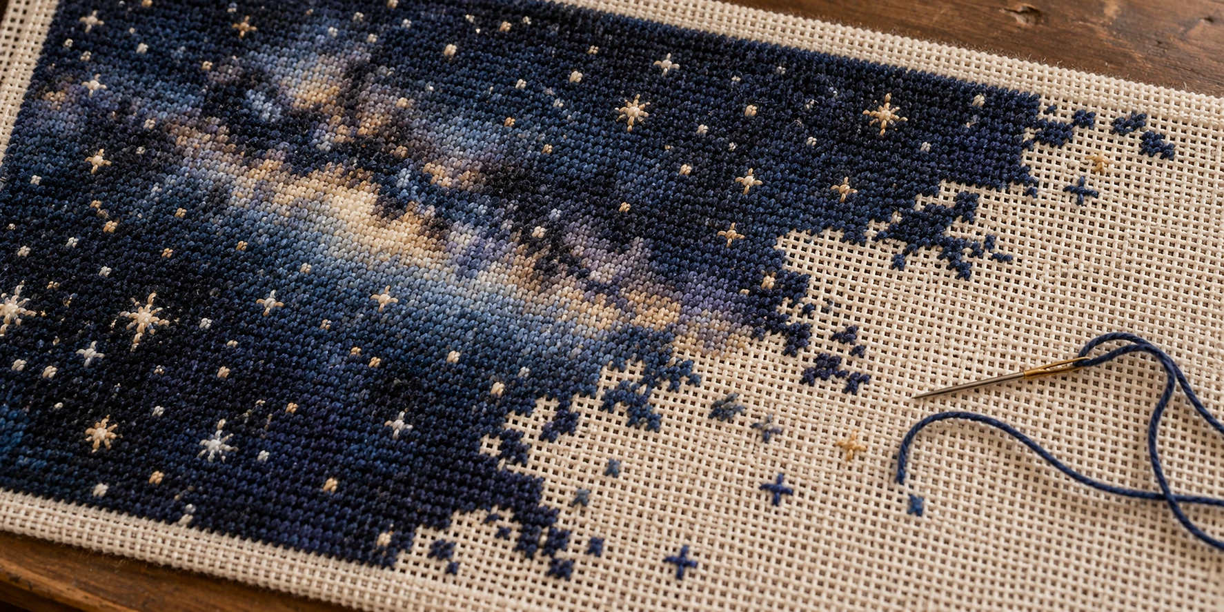 First header exploration: a photographic unfinished celestial canvas, with stitching Charles identified as closer to cross-stitch.
