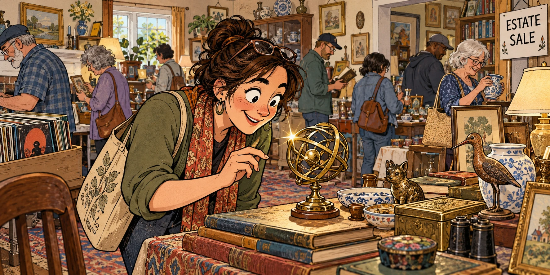 First estate-sale illustration: a delighted browser discovers a brass celestial curiosity amid other shoppers.