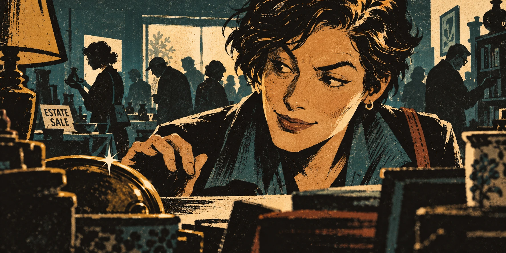Selected header: a raised eyebrow and a glint of discovery, with the estate-sale crowd receding into silhouettes.