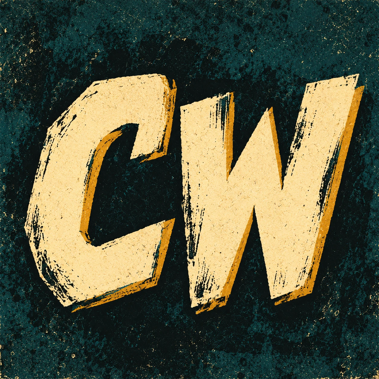 Selected square CW wordmark in cream, ochre, and petrol teal with worn pulp-noir printing.