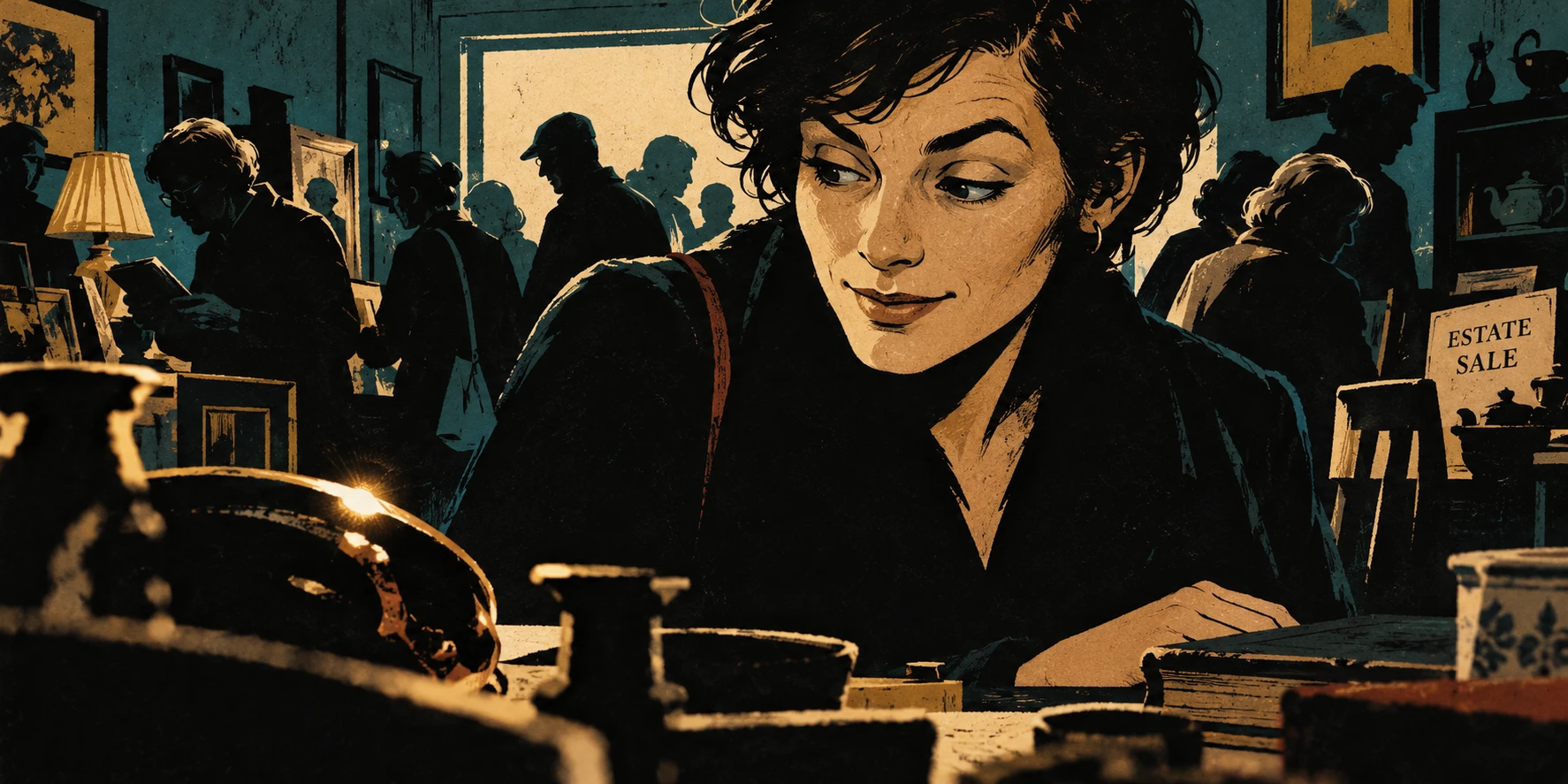Latest selected header: her expression registers the discovery while her hand rests beside an unrelated book.