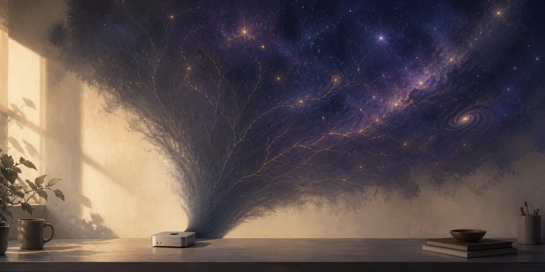 A tiny Mac mini casting an enormous neural-cosmic shadow in a warm home office.