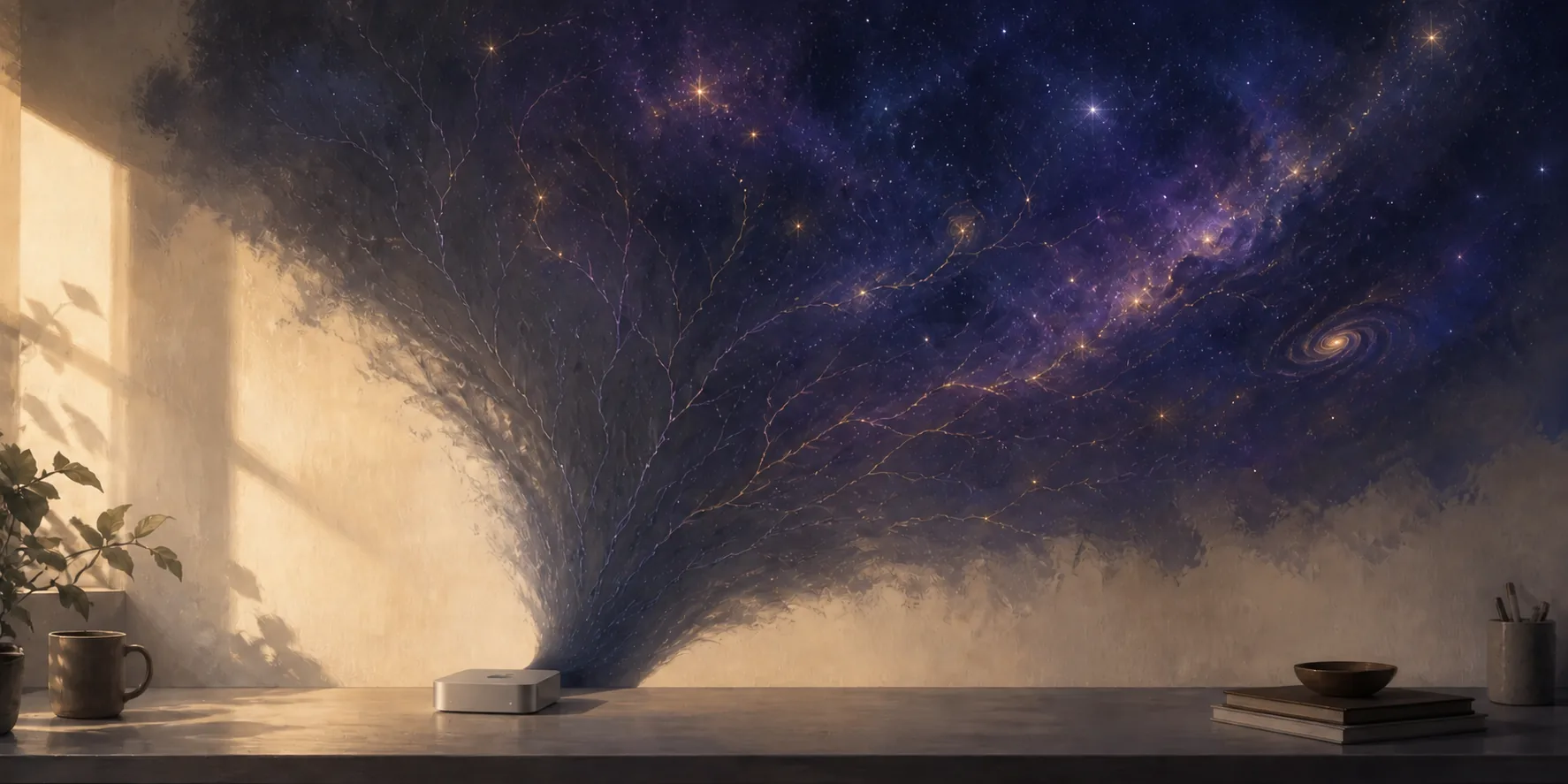 An anonymous metal box casting the same enormous cosmic shadow.
