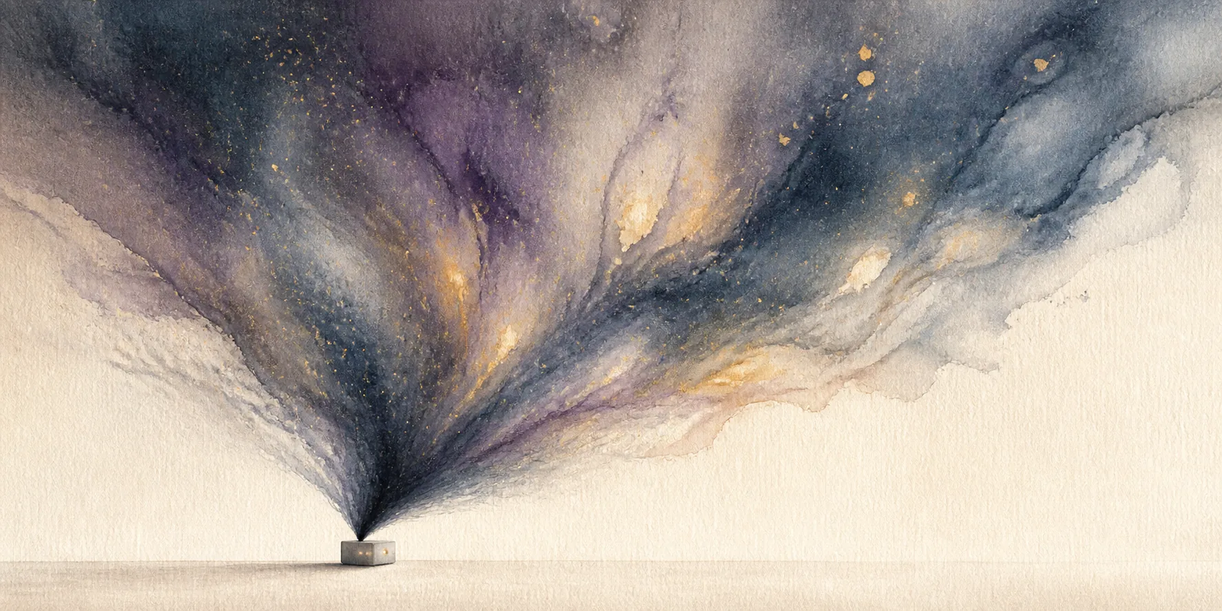 An abstract watercolor bloom expanding from a tiny metal box.