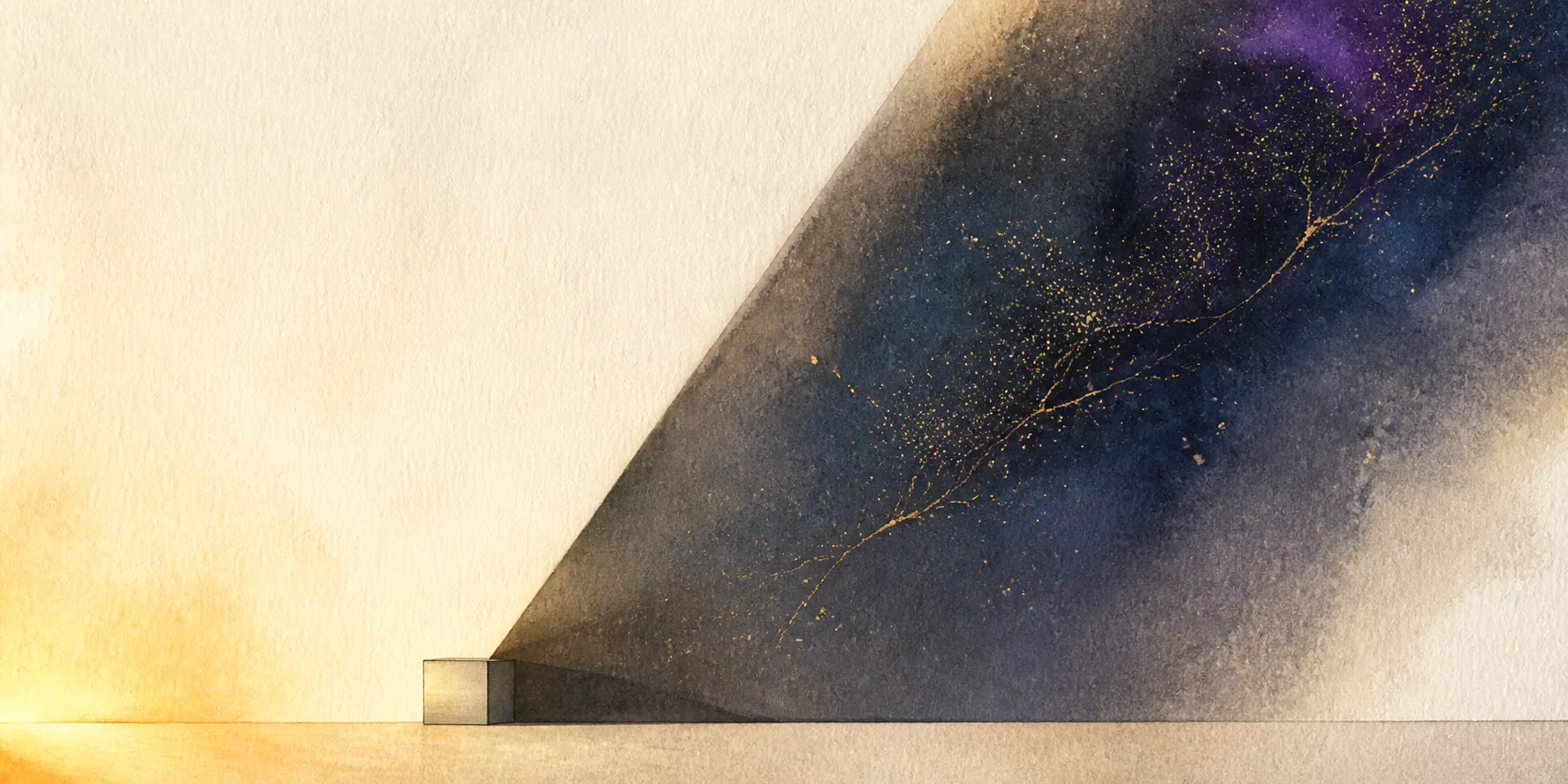 A tiny watercolor box casting one enormous diagonal shadow containing gold and violet cosmic details.