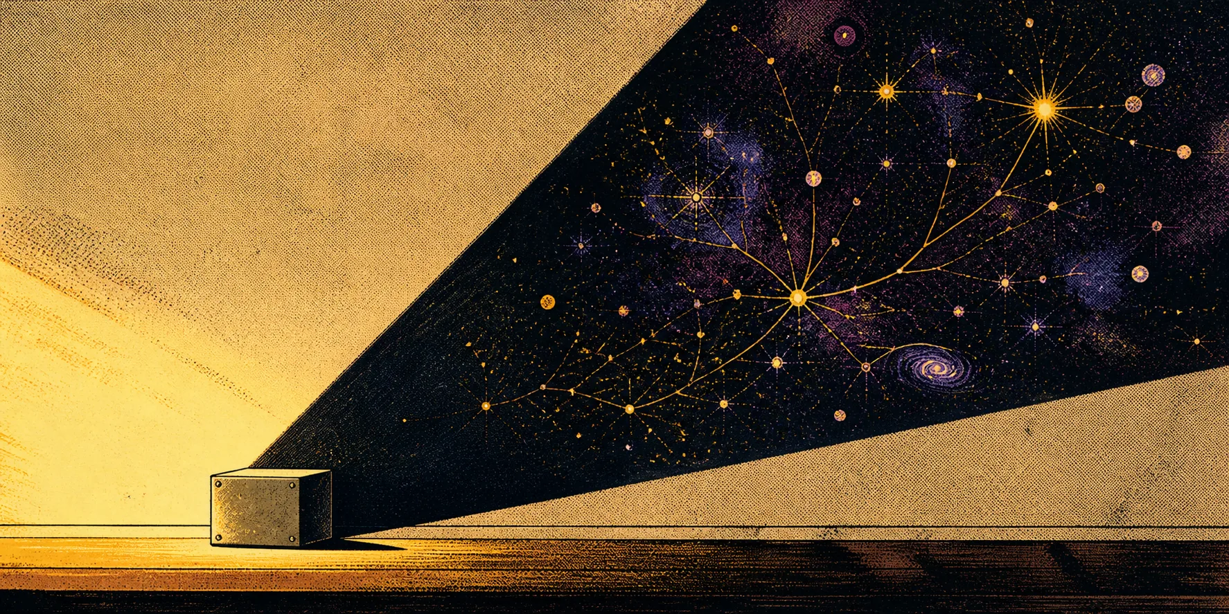 A pulp science-fiction comic version of the tiny box and enormous cosmic shadow.