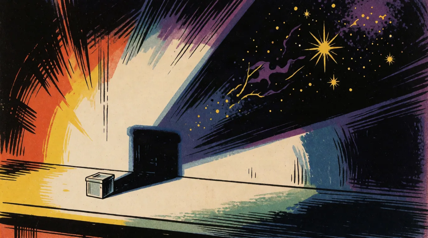 Krea 2 Turbo pulp-comic draft showing a disconnected block and cosmic shadow.