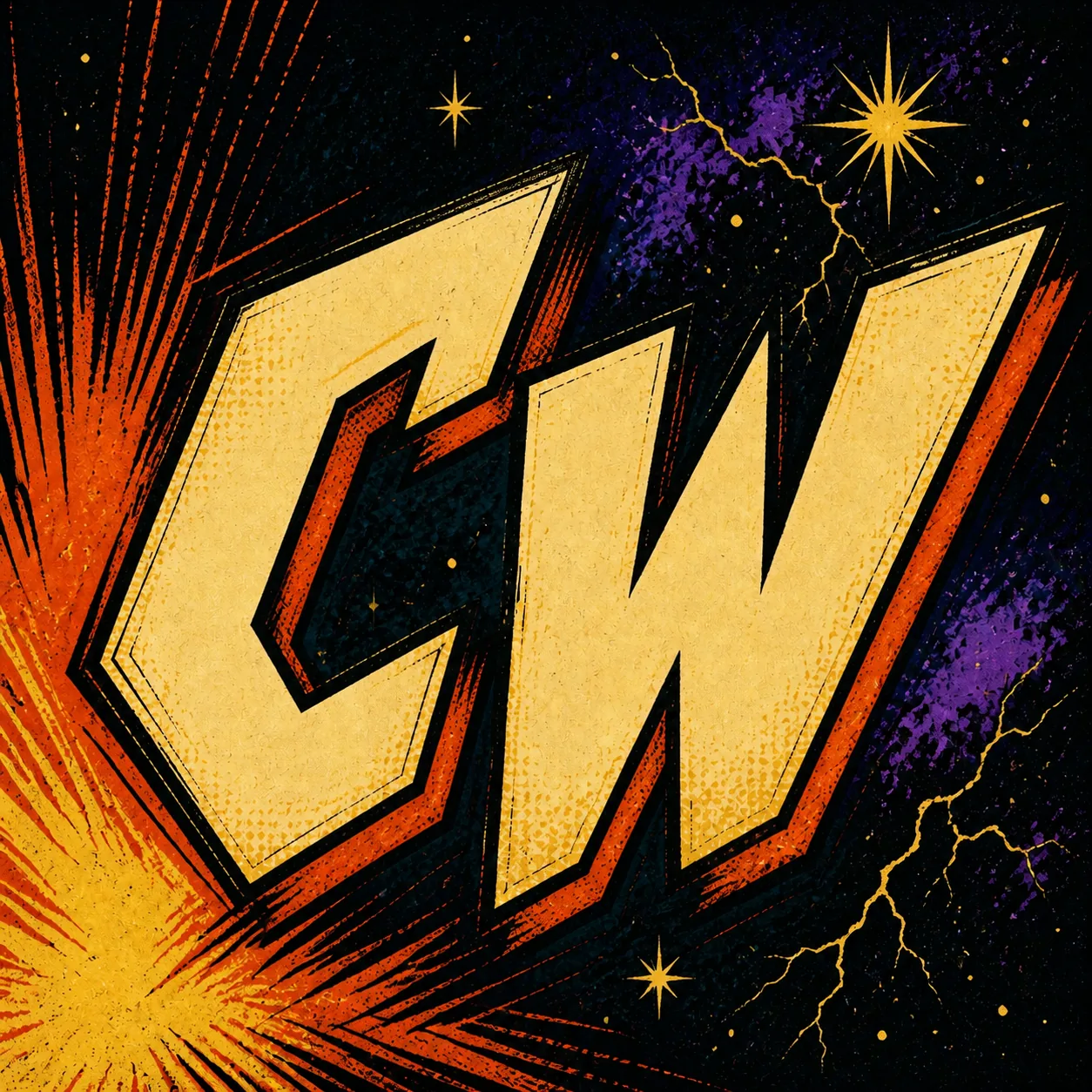 Square CW monogram in a vintage pulp science-fiction comic style.