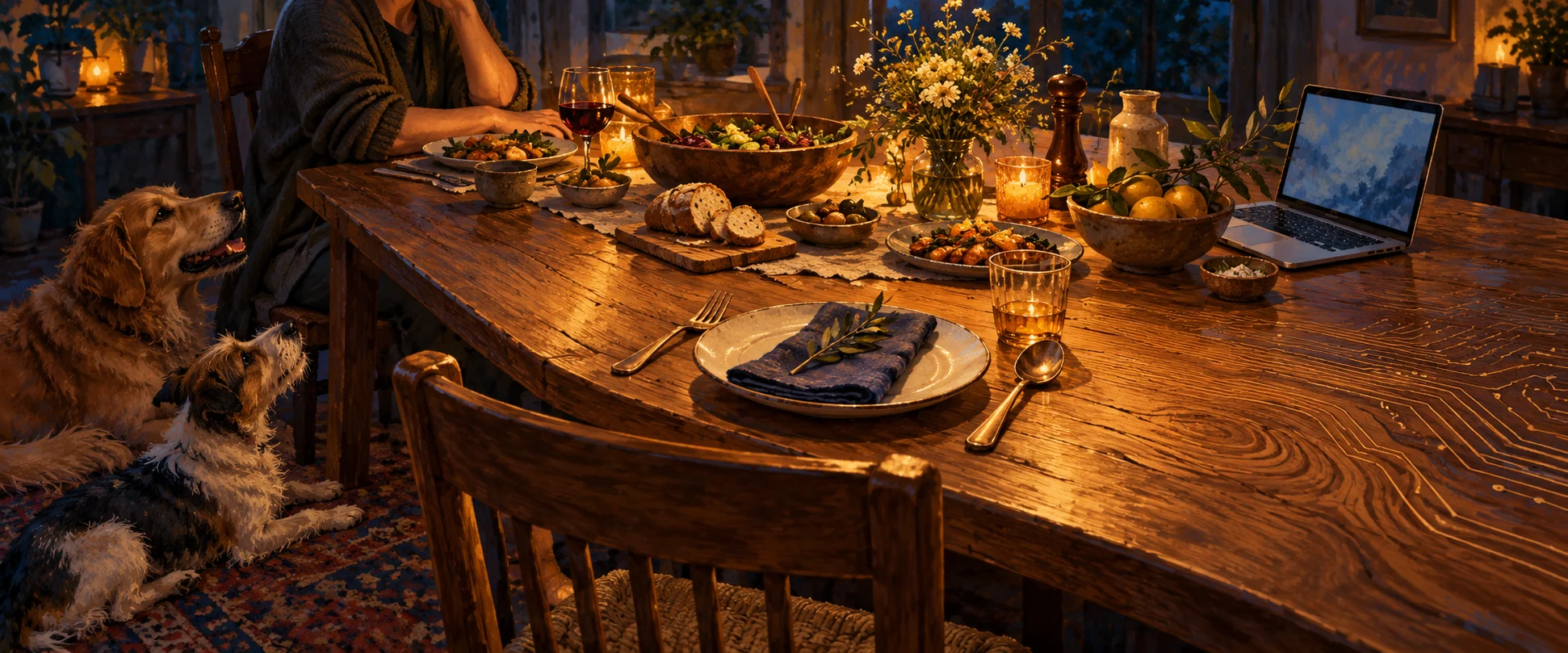 A painterly amber-lit dining table with a person, two generic dogs, a laptop, an empty place setting, and wood grain turning into circuitry.