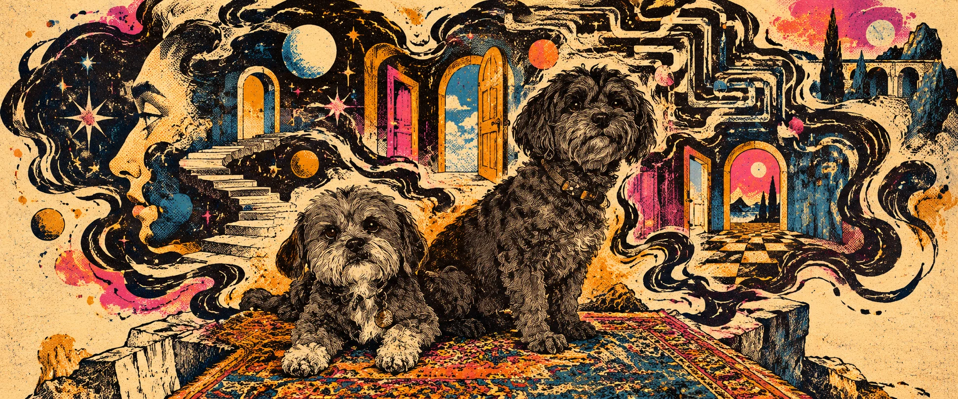 A wide underground-comic illustration of Doc and taller Astro surrounded by ink swirls, human-profile fragments, circuit-like paths, and impossible doors in amber, magenta and blue.