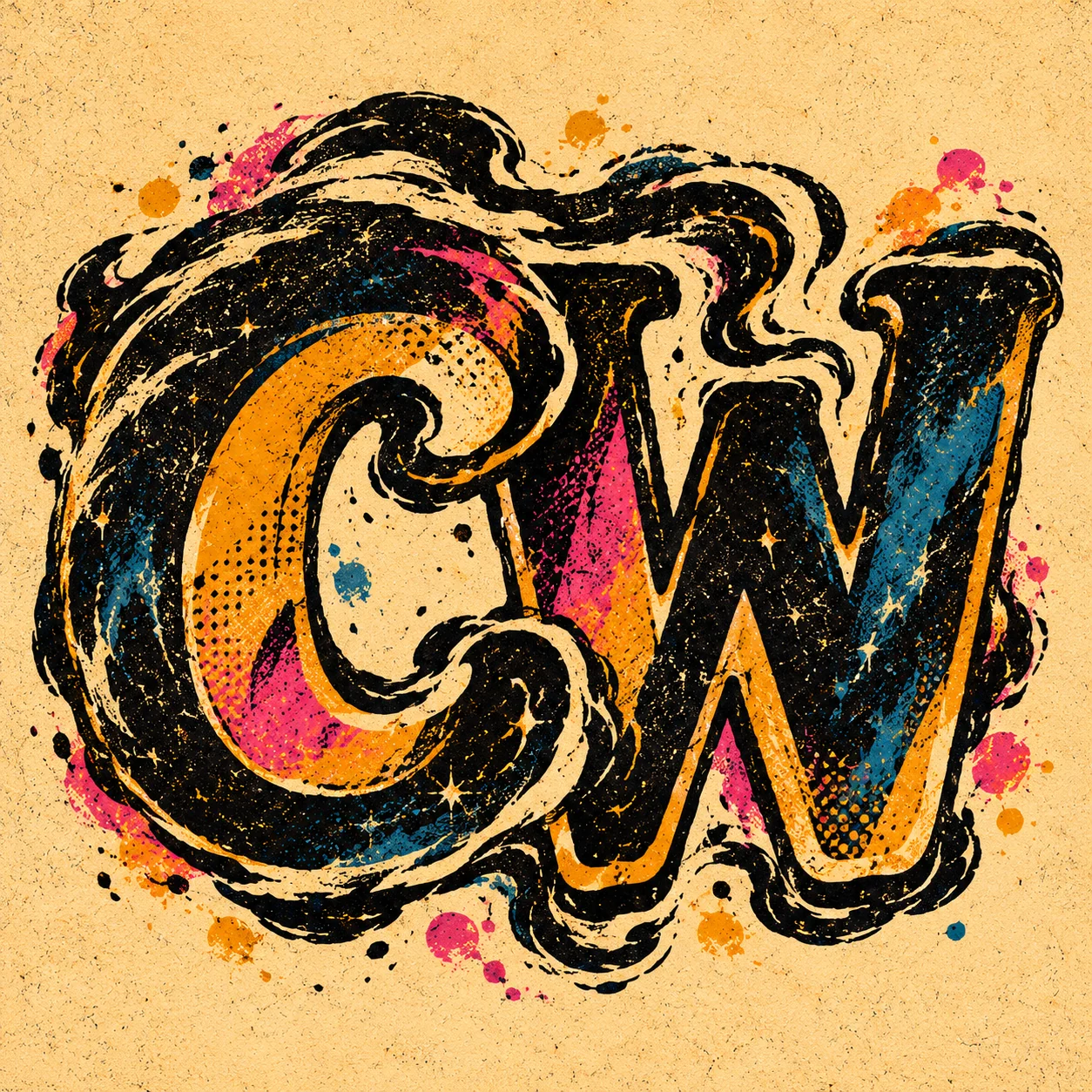 Bold interlocking C and W letterforms in rough black ink with amber, magenta and blue accents on aged cream paper.