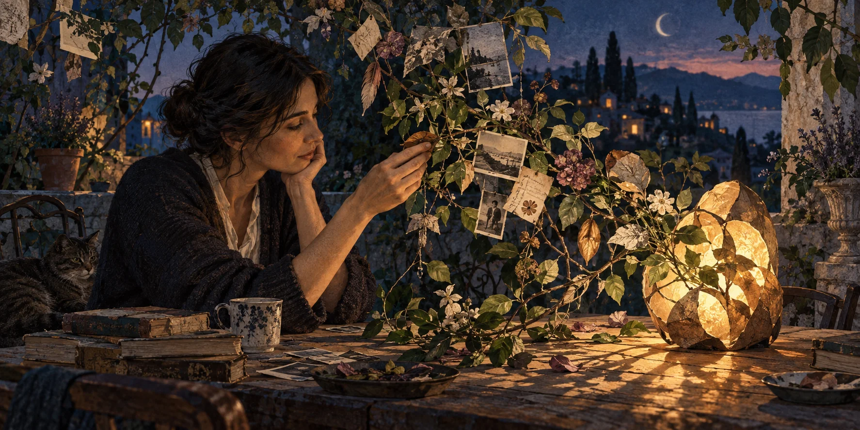 First art direction: a person inspects a plant carrying photographs beside a luminous object in a twilight garden.