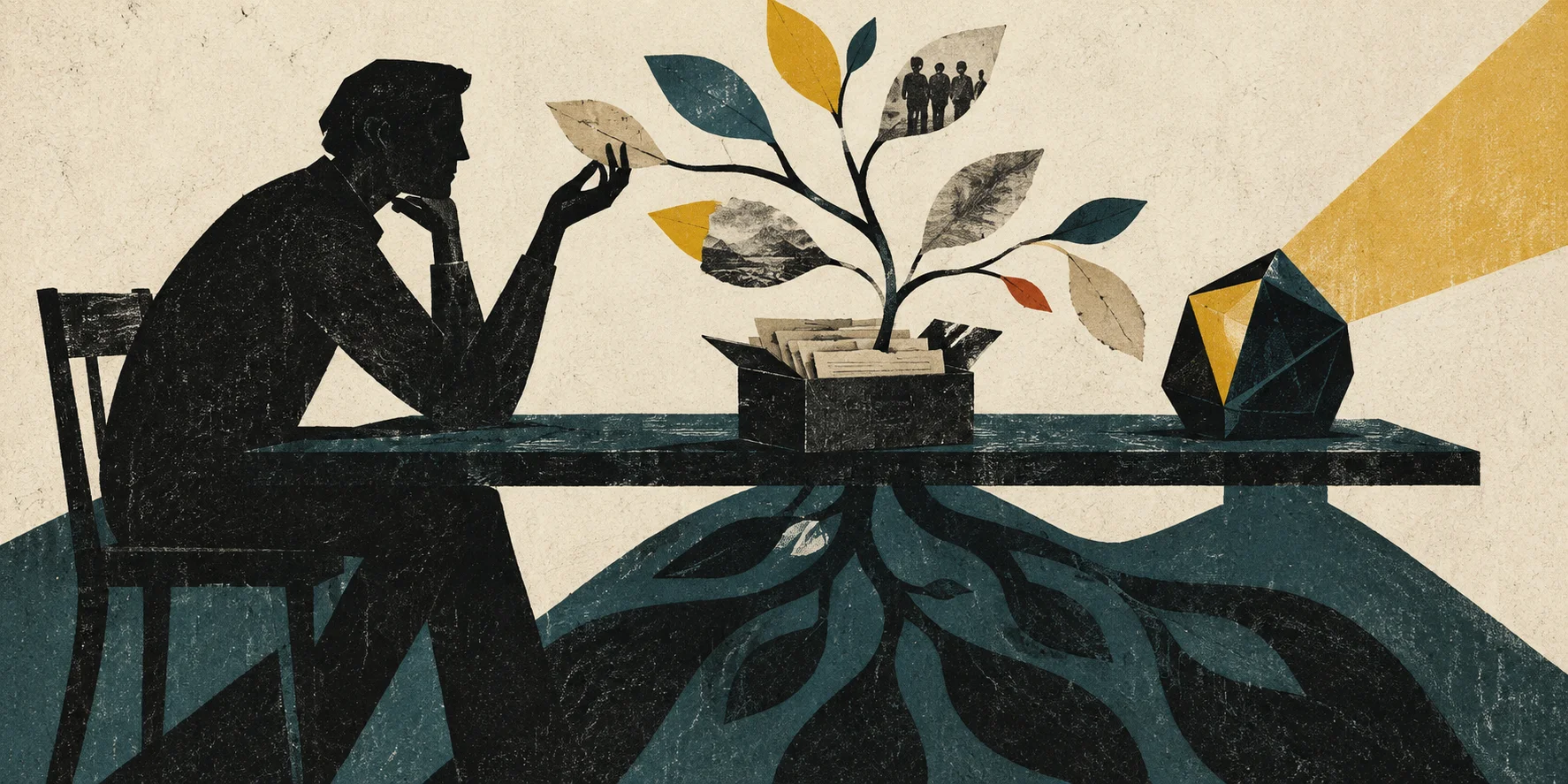 Selected header: a cut-paper human and faceted intelligence share a memory plant, with oversized intertwined roots beneath the table.