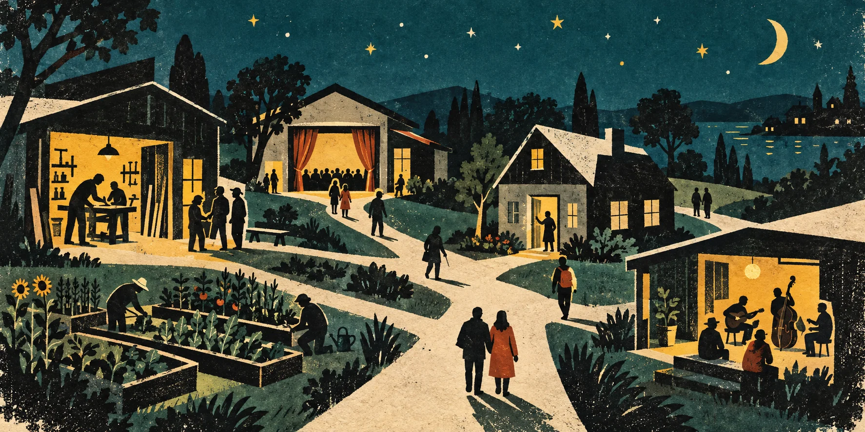 Middle illustration: illuminated workshops, a theater, homes, a garden and musicians connected by shared neighborhood paths.