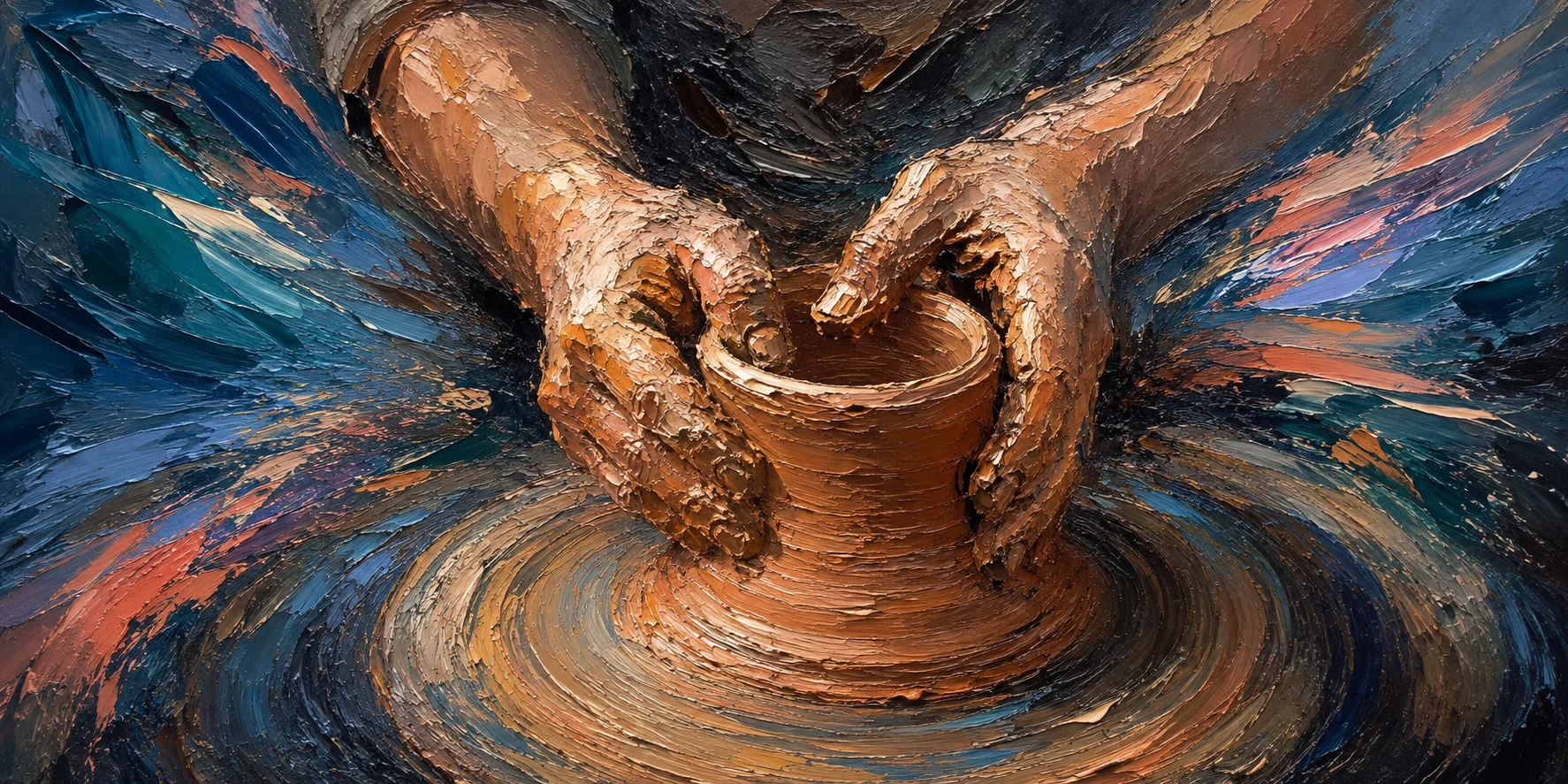 Hands shaping clay amid swirling blue and terracotta oil paint