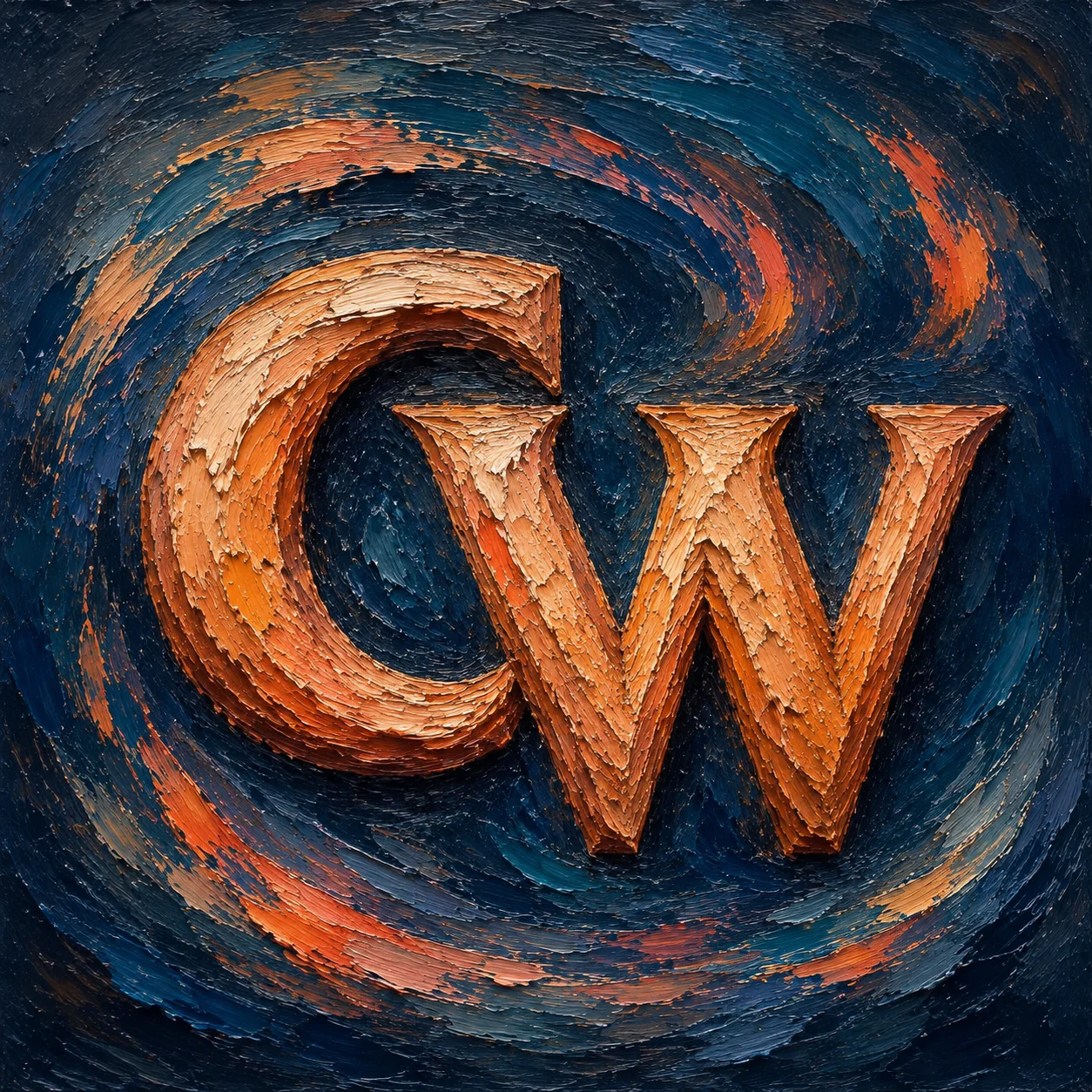 CW letter mark in terracotta impasto against swirling midnight blue