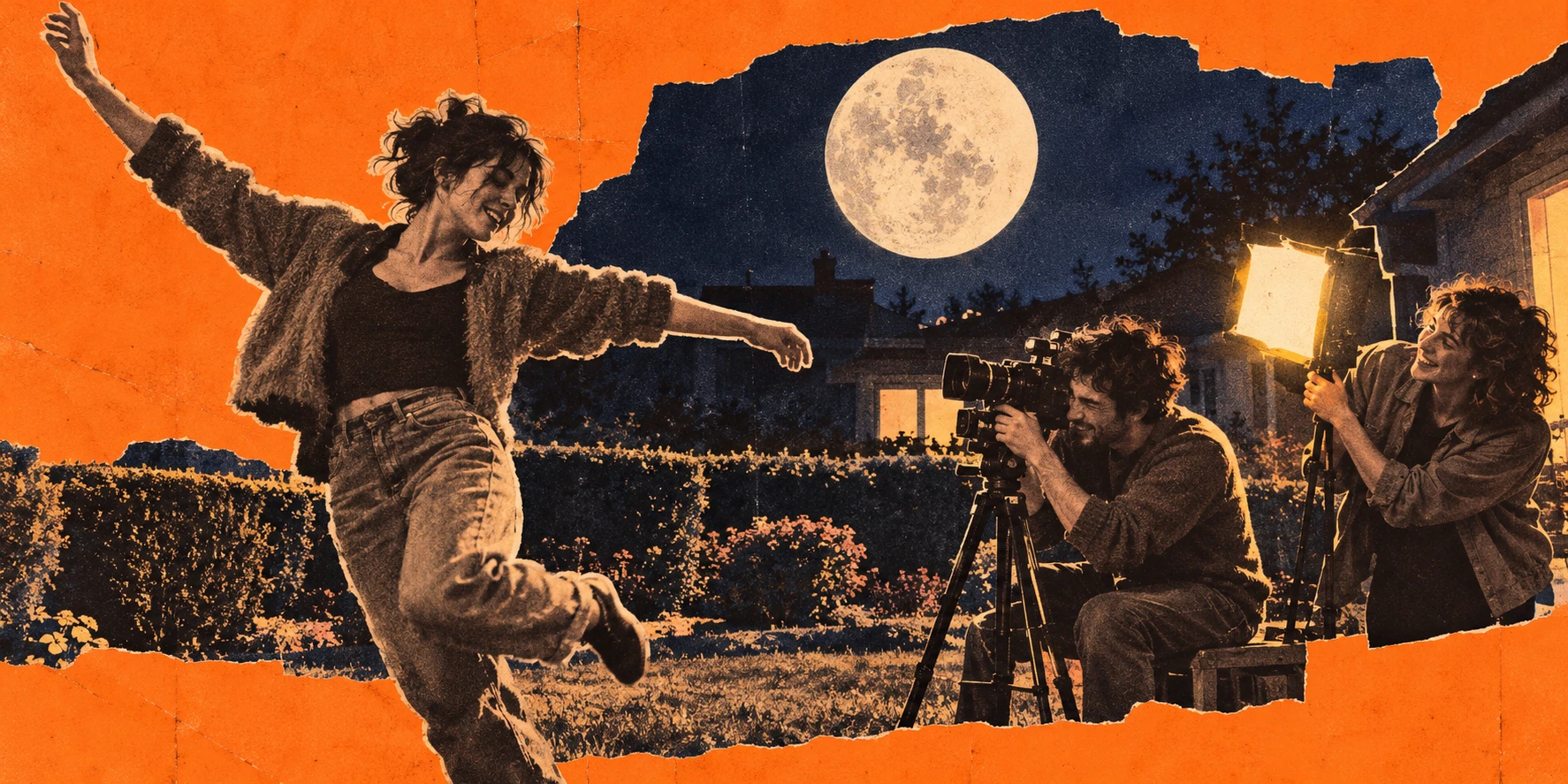 First header: photographic cutouts of a dancing friend and a small film crew in a moonlit backyard.