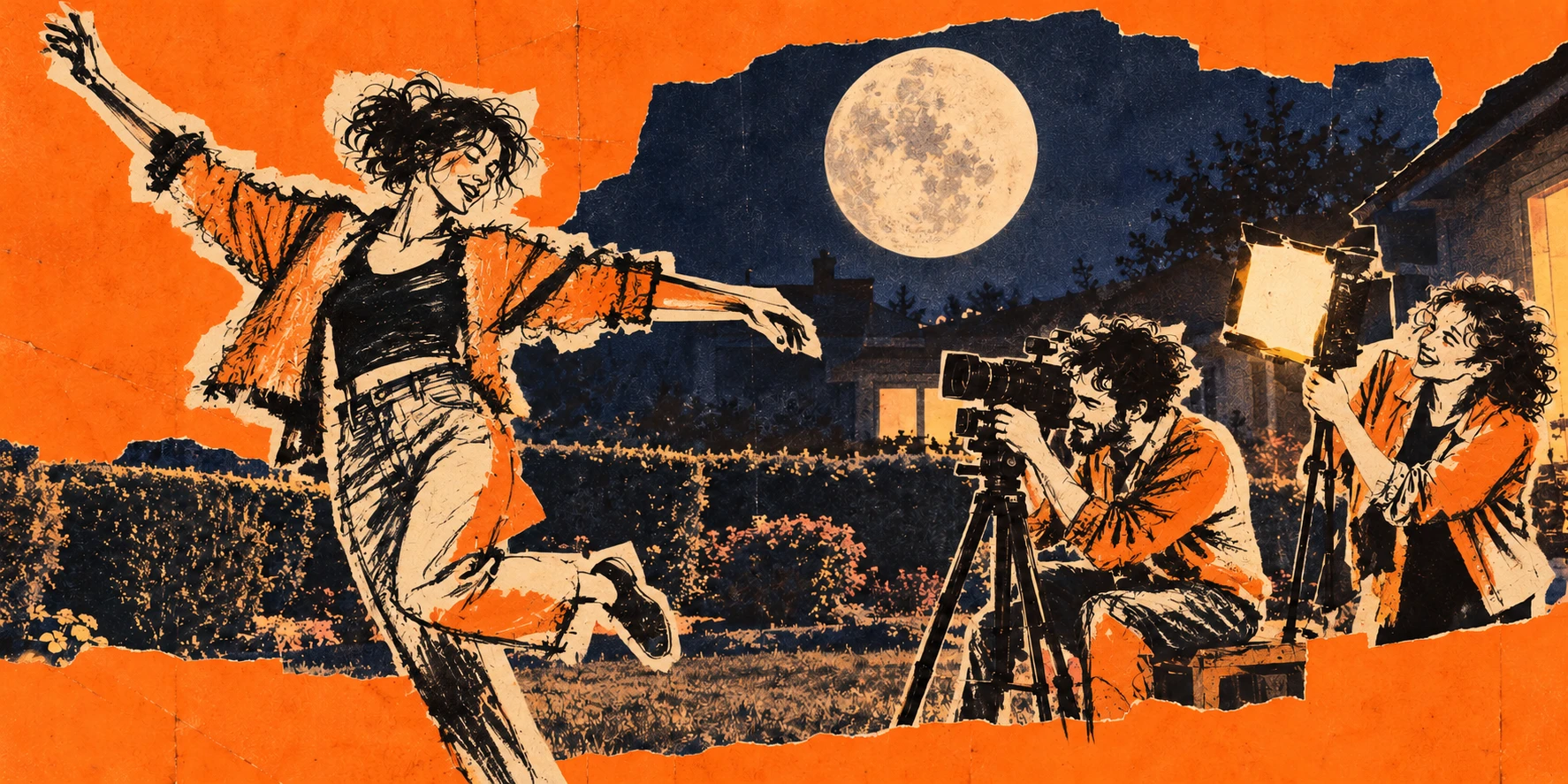 Selected header: the same backyard film shoot with expressive ink-drawn people over torn-paper collage.