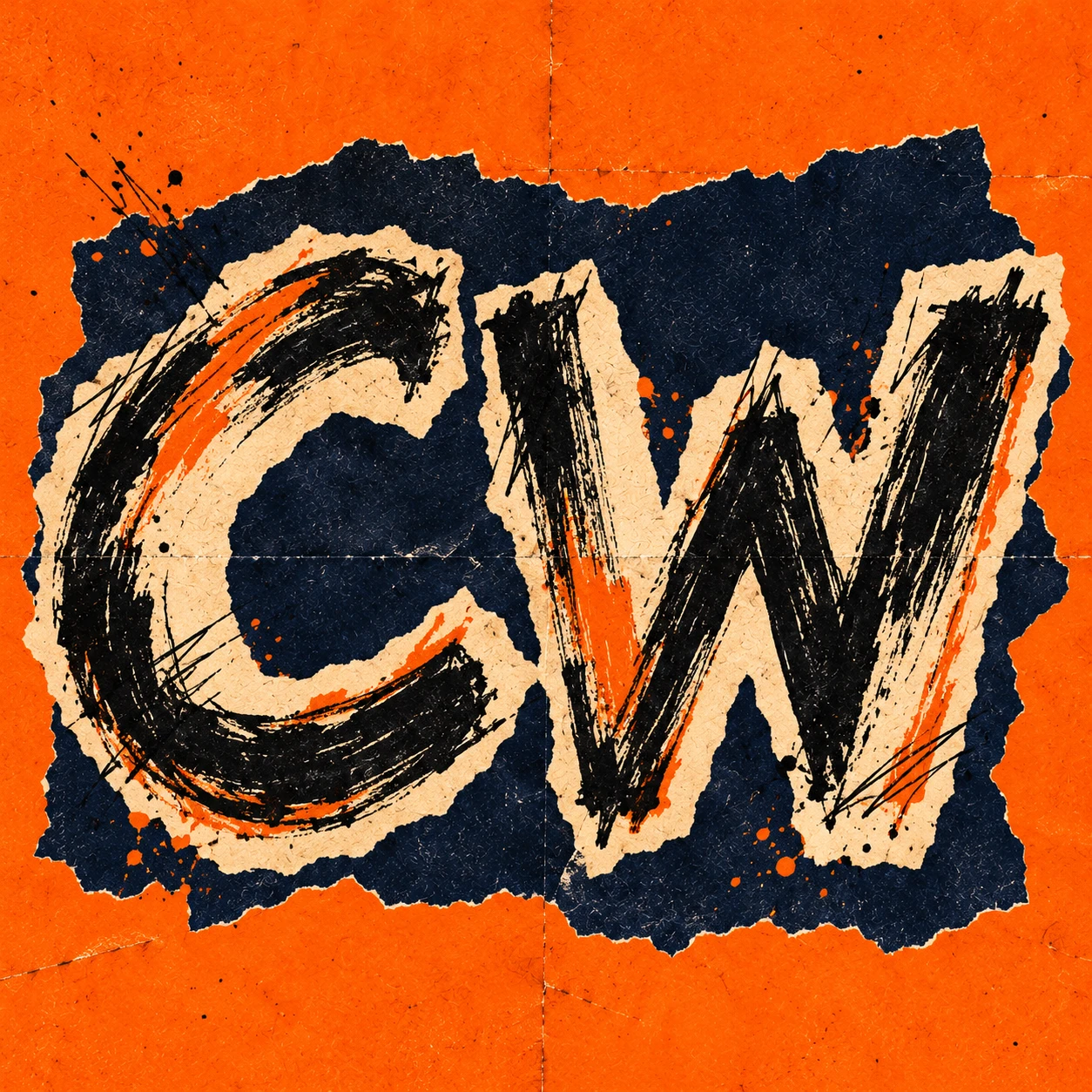 Square CW monogram in rough black brush lettering on cream, navy, and orange torn paper.