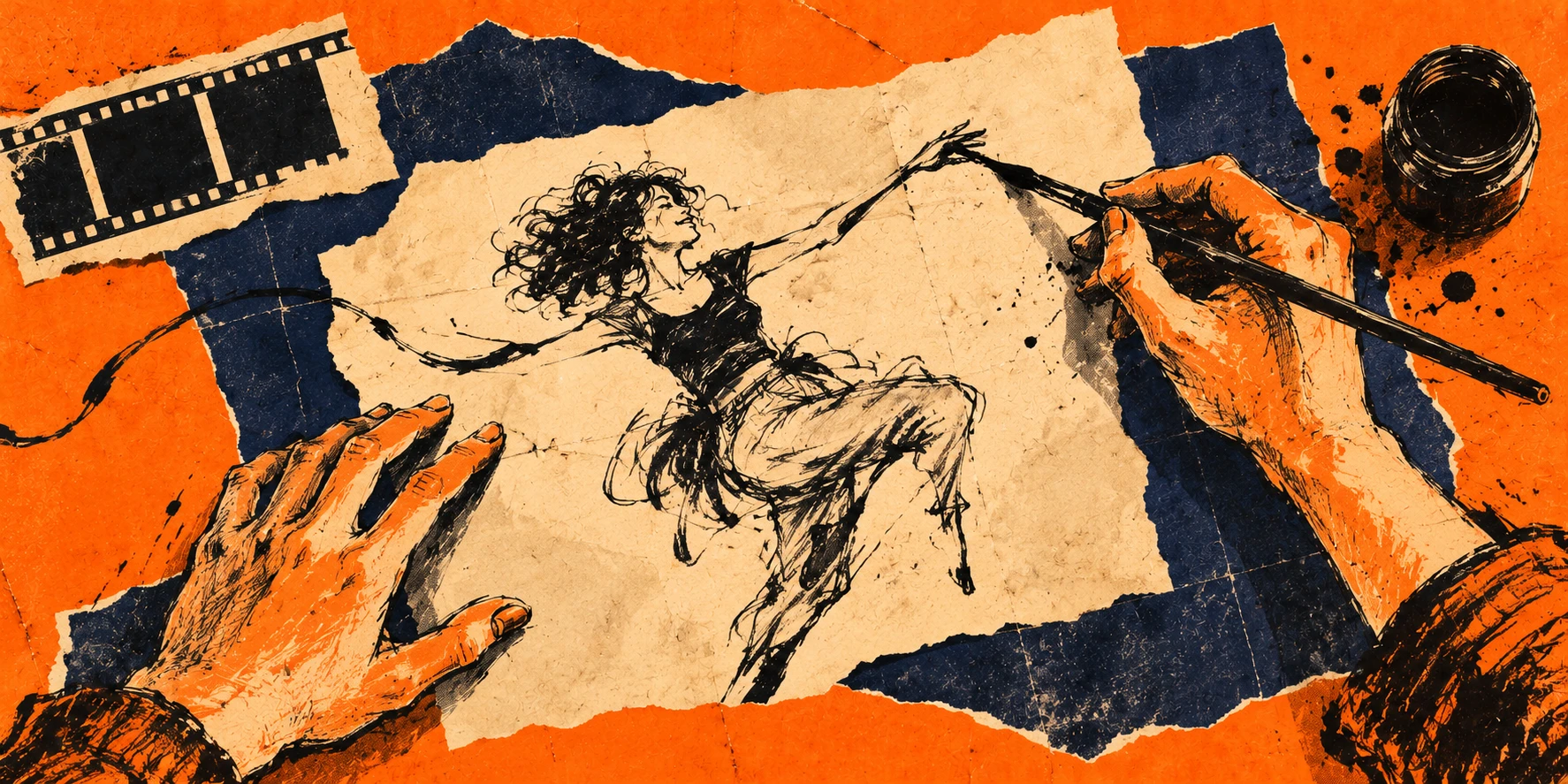 Interior illustration: ink-drawn hands bring an unfinished dancing figure to life on torn paper.