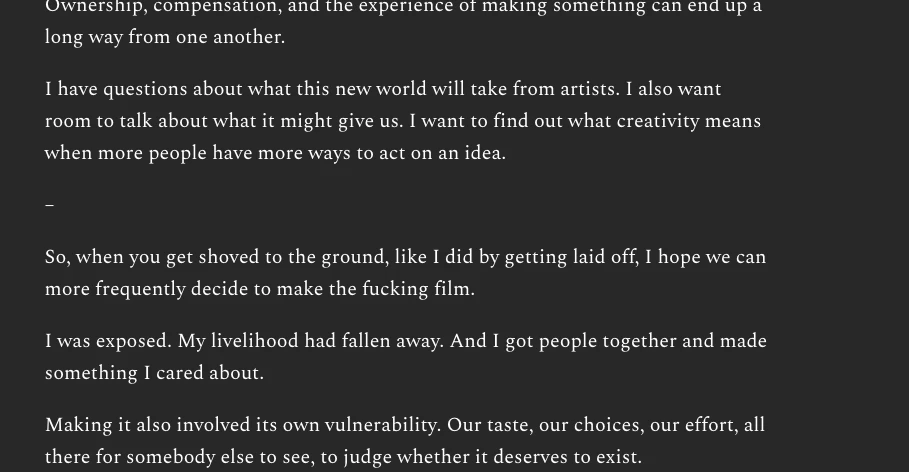 User-supplied placement reference: the gap between creative possibility and deciding to make the film.